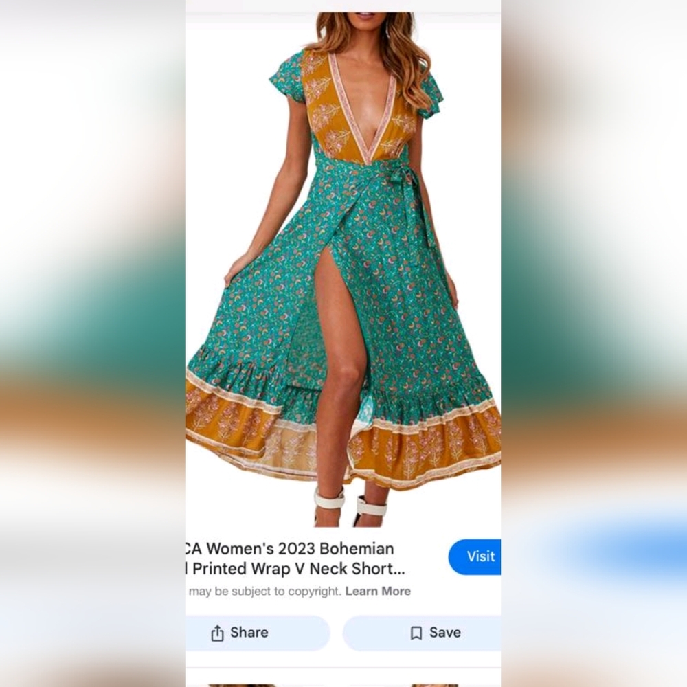 Bohemian Floral Wrap V-Neck Dress - Green and Yellow